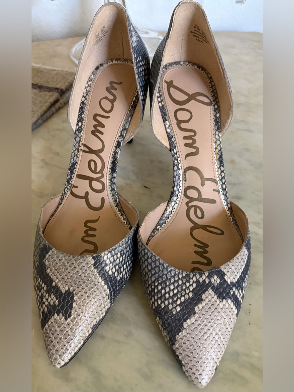 Sam Edelman Snake-Print D'Orsay Pointed-Toe Pumps in Beige and Black